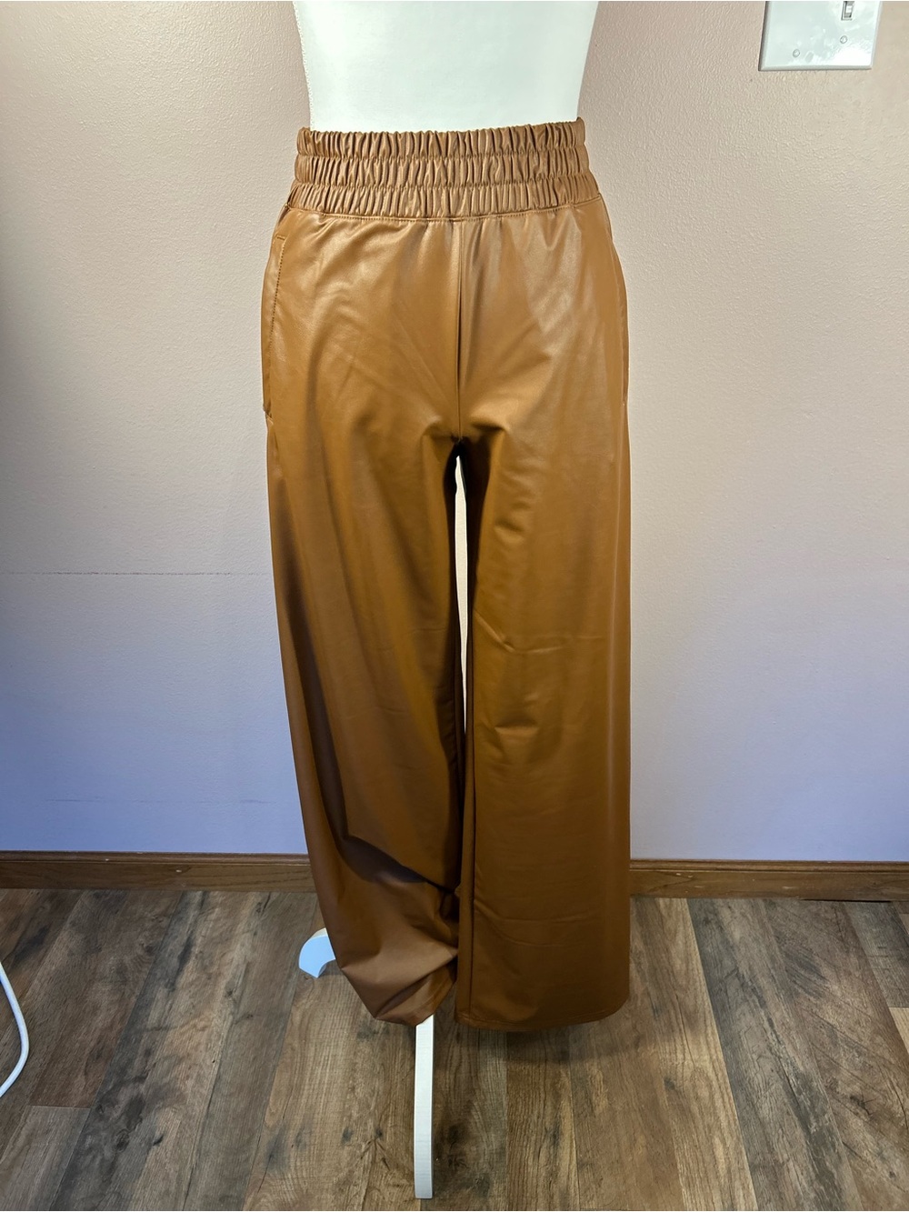Wide Leg High-Rise Faux Leather Pants in Cognac